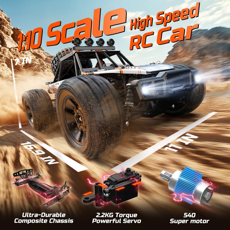 DEERC 1:10 RC Monster Truck 48 km/h 4X4 LED világítással, 2 akkumulátor, 2.4 GHz