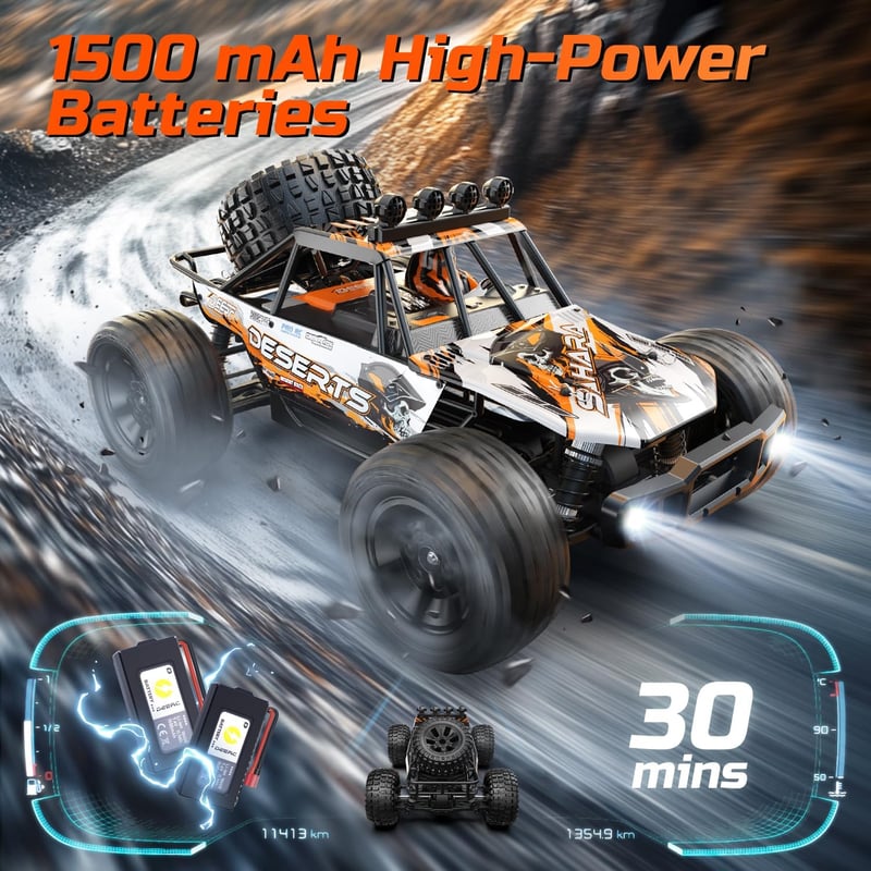 DEERC 1:10 RC Monster Truck 48 km/h 4X4 LED világítással, 2 akkumulátor, 2.4 GHz