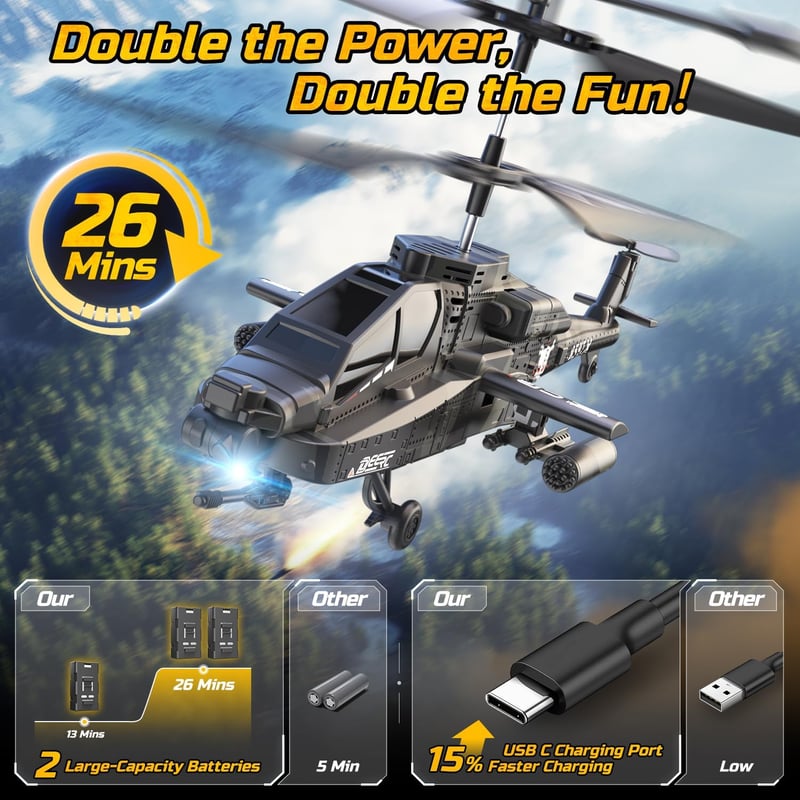 DEERC RC Helikopter 2.4 GHz Távirányítóval, 30 Perc Repülési Idő, 2 Akkumulátor, LED Világítás, Magasságtartó Funkcióval, 14+ Éveseknek