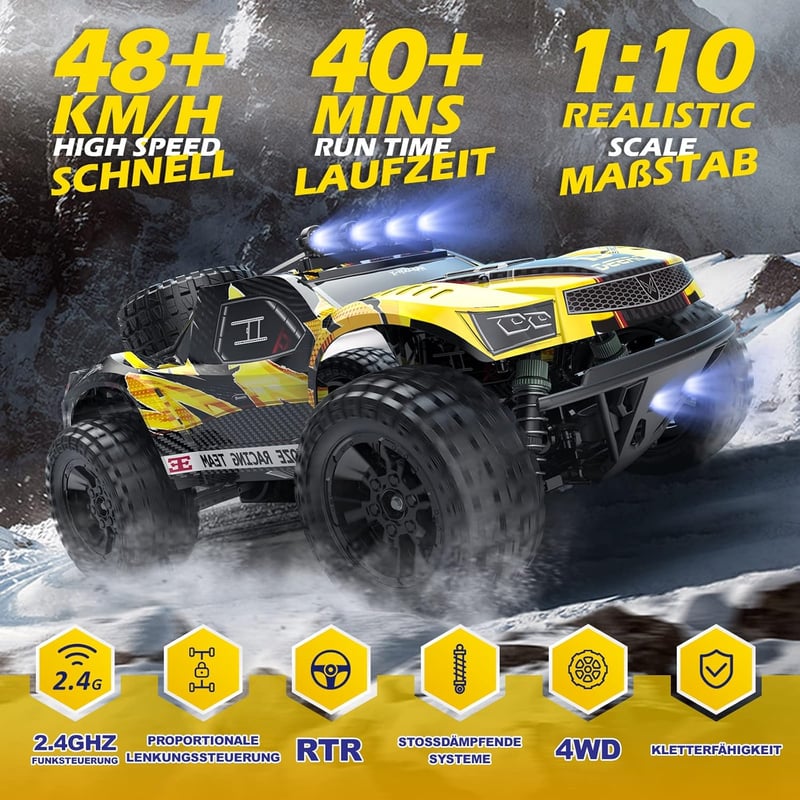 DEERC Távirányítós Autó 1:10 Világítással 48 km/h 4WD Terepjáró Monster Crawler 2 Akkuval 40 Perc Játékidő 2 Karosszéria Felnőtt Gyerek