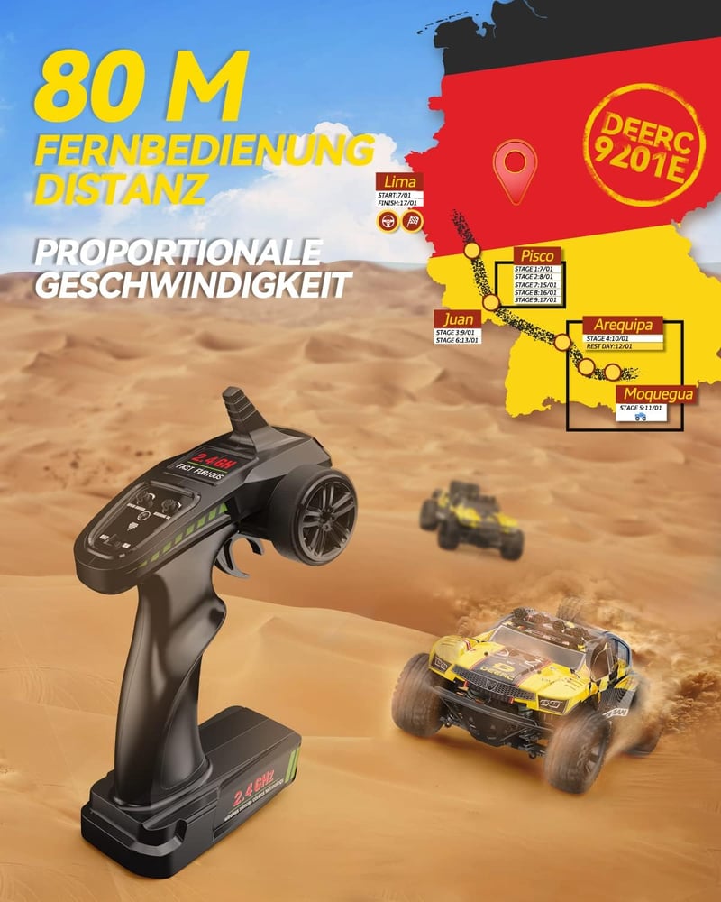 DEERC Távirányítós Autó 1:10 Világítással 48 km/h 4WD Terepjáró Monster Crawler 2 Akkuval 40 Perc Játékidő 2 Karosszéria Felnőtt Gyerek