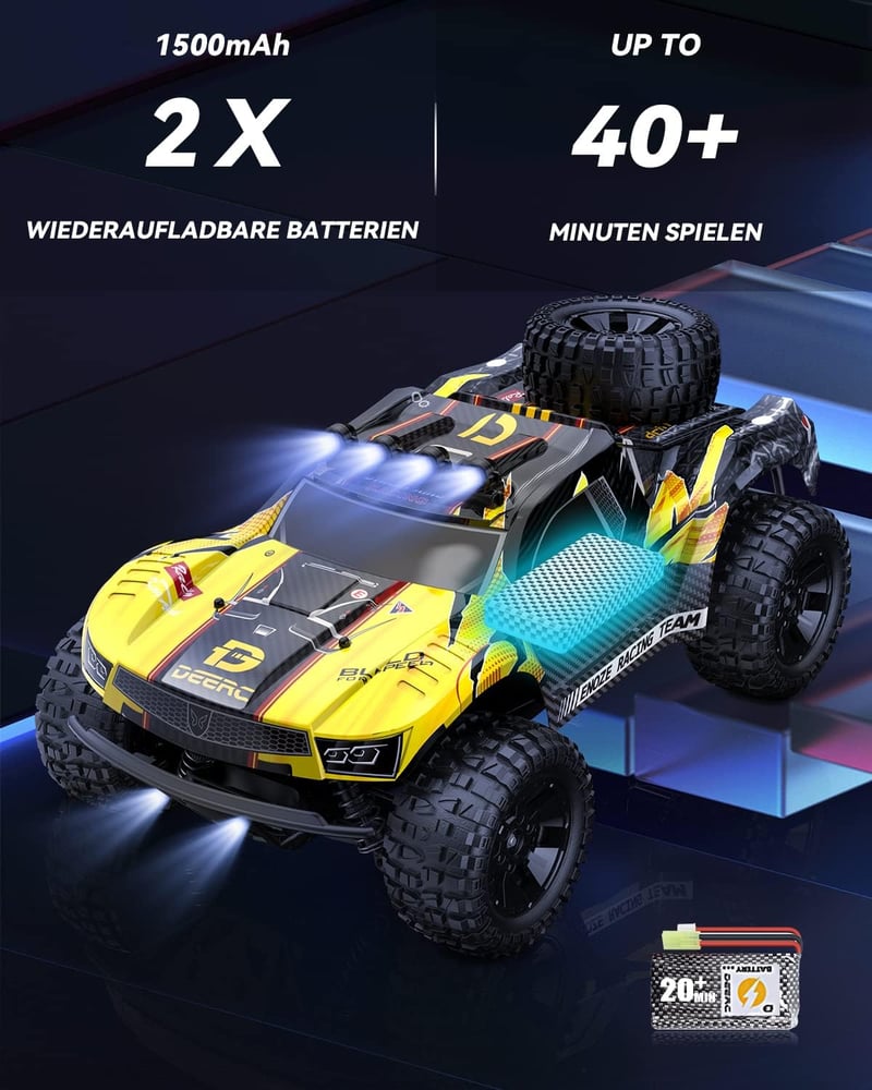 DEERC Távirányítós Autó 1:10 Világítással 48 km/h 4WD Terepjáró Monster Crawler 2 Akkuval 40 Perc Játékidő 2 Karosszéria Felnőtt Gyerek