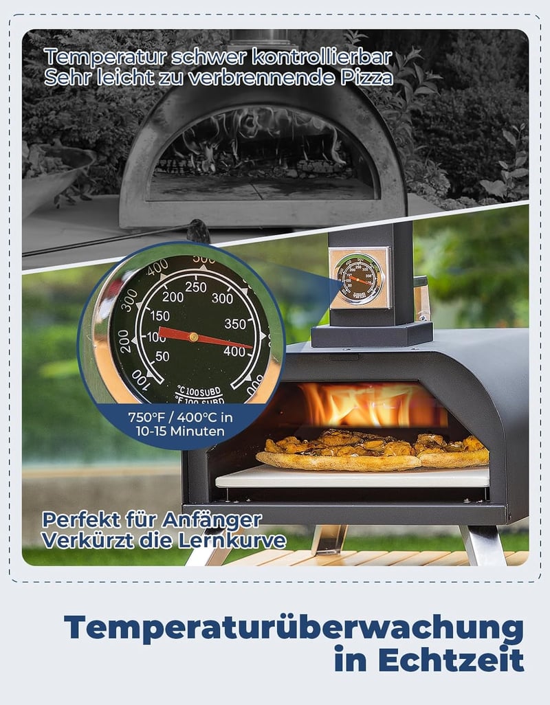 DEERFAMY Hordozható Pizzasütő Kő Hőmérővel és Táskával Kempinghez