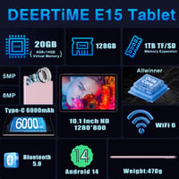 10-palcový tablet DEERTiME s Androidom 14, 20 GB RAM + 128 GB ROM, WiFi 6, 5G, osemjadrový procesor, Widevine L1, Bluetooth 5.0, s klávesnicou, myšou a 2