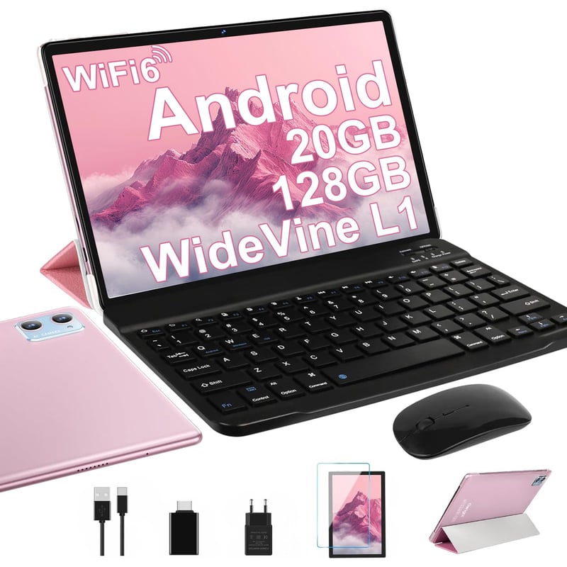 10-palcový tablet DEERTiME s Androidom 14, 20 GB RAM + 128 GB ROM, WiFi 6, 5G, osemjadrový procesor, Widevine L1, Bluetooth 5.0, s klávesnicou, myšou a