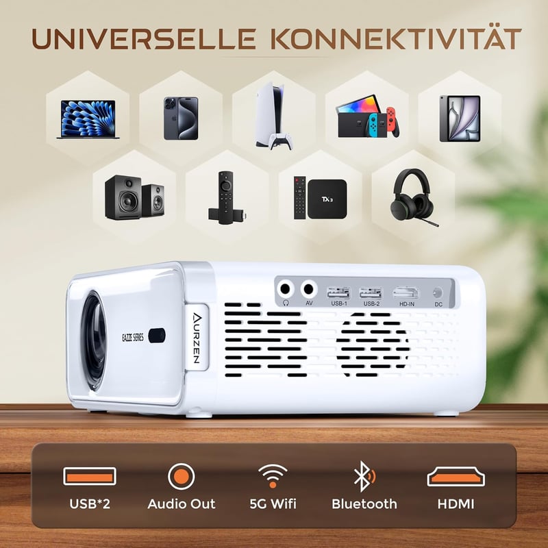 Aurzen Eazze D1 Okos Projektor - 4K Támogatás, Full HD 1080P, Netflix, Dolby Audio, Autofókusz, WiFi, Bluetooth, Otthoni Mozi Élmény - White