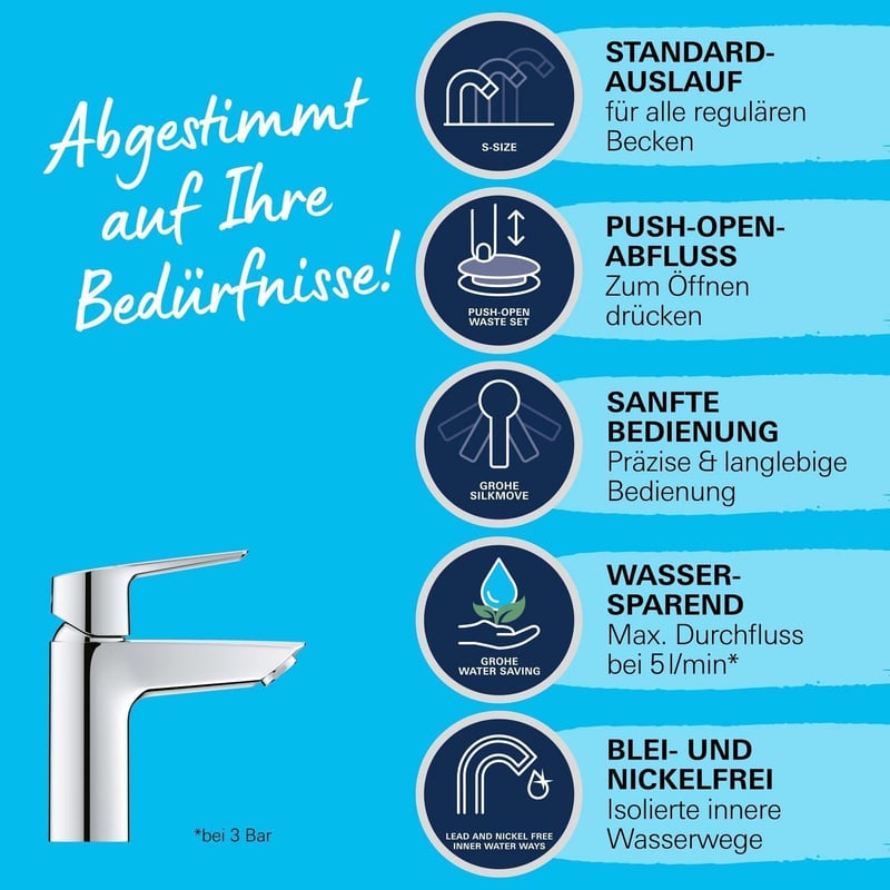 GROHE Quickfix Start Egykaros Mosdócsap S Méret | Króm Fürdőszobai Csaptelep Szerelőeszközzel | Víztakarékos Rendszer | Fém Fogantyú