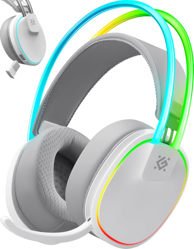 Bezdrôtové herné slúchadlá Defender Tsunami – 40-hodinová výdrž batérie, 2,4 GHz a Bluetooth, 7.1 priestorový zvuk, mikrofón s potlačením hluku, kompatibilné s PS5/PS4/Switch/PC, biele