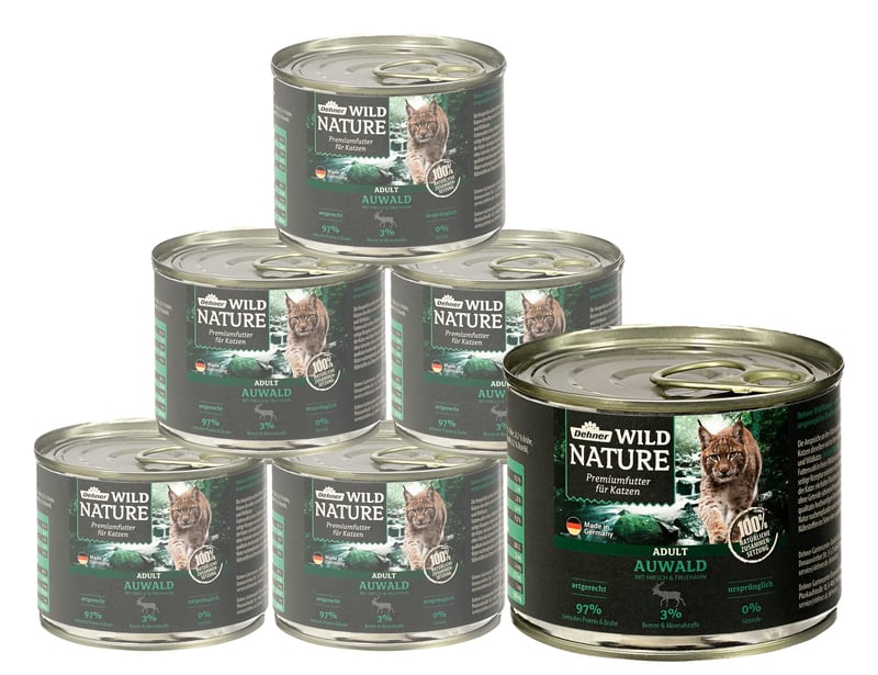 Dehner Wild Nature Auwald mokra hrana za mačke, bez žitarica i šećera, za odrasle mačke, okus divljači i puretine, 6 x 200 g (1,2 kg)