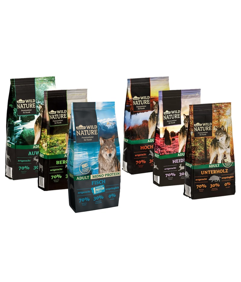 Pachet de probă hrană uscată pentru câini Dehner Wild Nature – 6 x 1 kg (6 kg în total)