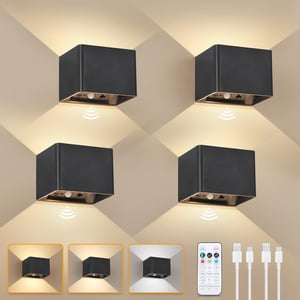 Dehobo set 4 lămpi de perete cu senzor de mișcare pentru interior, negru, cu telecomandă, 5400 mAh, 3 moduri de iluminare, reglabilă, reîncărcabilă prin USB, fără fir