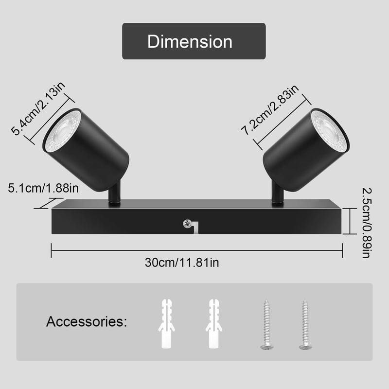 Dehobo LED Mennyezeti Spotlámpa 350° Forgatható 2-Izzós GU10 Fekete - Ceiling light, 2-bulb, Black