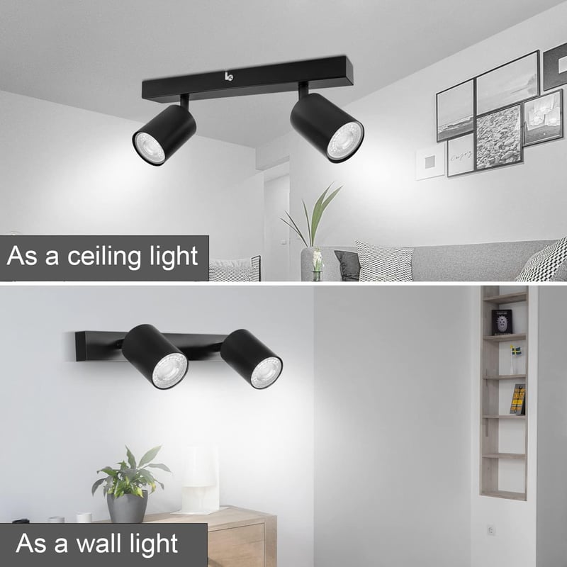 Dehobo LED Mennyezeti Spotlámpa 350° Forgatható 2-Izzós GU10 Fekete - Ceiling light, 2-bulb, Black