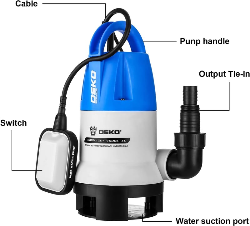 DEKO 400W szennyvíz szivattyú úszókapcsolóval 8000 l/h teljesítménnyel kerthez