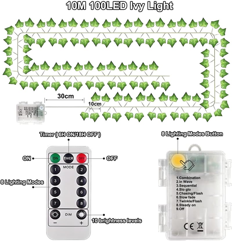 Dekofun 10m 100 LED Bogyós Lámpa Mesterséges Zöld Futó Növény Távirányítóval Időzítővel 8 Mód