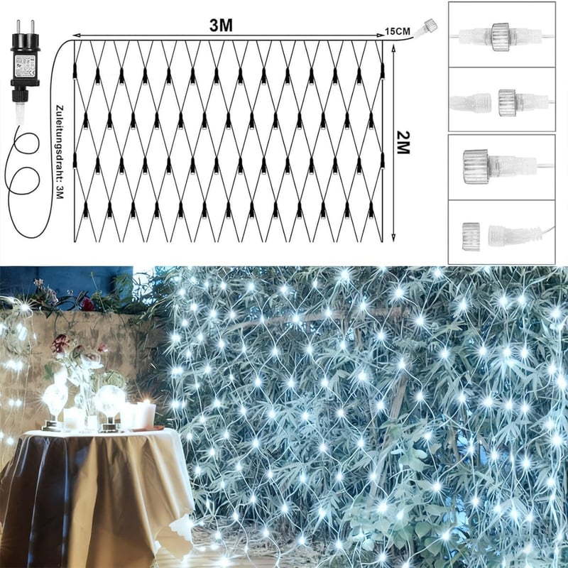 Dekofun 3x2m 200 LED Kültéri Fényhálózat Időzítővel, 8 Üzemmód, Vízálló Karácsonyi Dekoráció