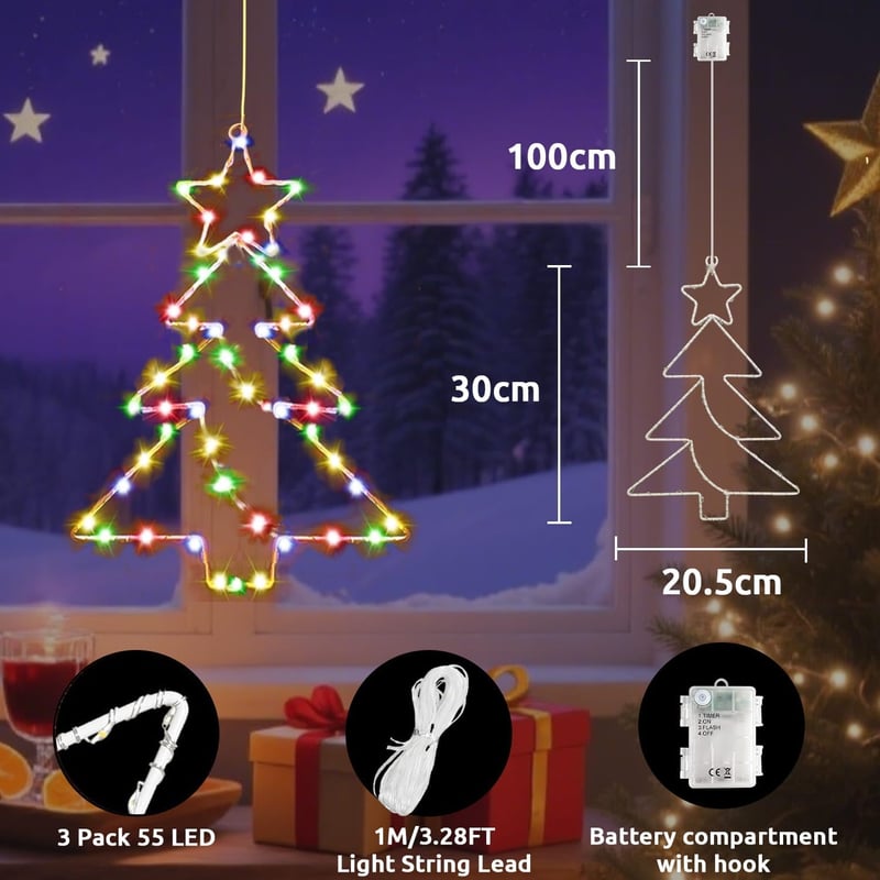 Dekofun 55 LED-es fém karácsonyi ablakdísz időzítővel, 3 darabos szett