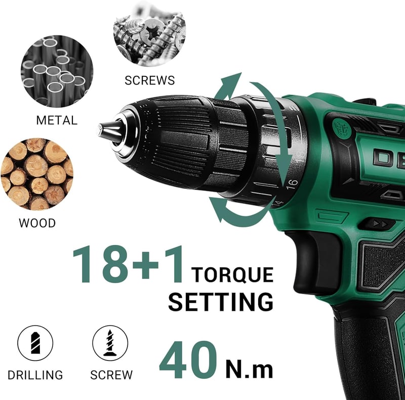 DEKOPRO 20V Akkus Fúró-Csavarbehajtó 30 Részes Szett LED Világítással