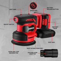 DEKOPRO 20V akkus orbitális csiszológép, 125 mm, 13000 RPM, 2000 mAh, porzsákkal, 15 csiszolópapírral 5