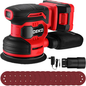 DEKOPRO 20V akkus orbitális csiszológép, 125 mm, 13000 RPM, 2000 mAh, porzsákkal, 15 csiszolópapírral
