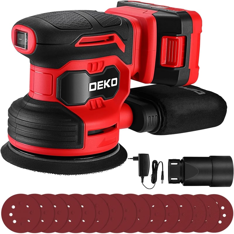 DEKOPRO 20V akkus orbitális csiszológép, 125 mm, 13000 RPM, 2000 mAh, porzsákkal, 15 csiszolópapírral