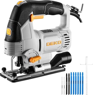 Ferăstrău pendular electric DEKOPRO 800 W cu LED și laser, 6 trepte de viteză, 800-3000 RPM, pentru lemn, metal și plastic, tăiere la 45 de grade, set 10 piese