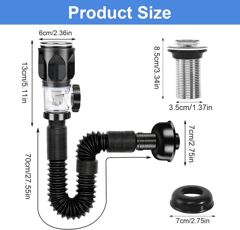 DELAESI Szagtalan Mosdó Lefolyó Szett Kihúzható Flexibilis Csővel és Pop-up Dugóval - Rozsdamentes Acél Szifon Fürdőszobába és Konyhába - Sink Drain Kit