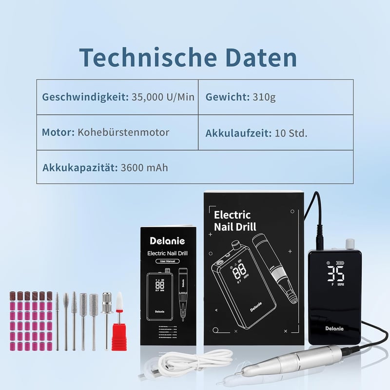 Delanie Elektromos Körömcsiszoló 35000 RPM LCD Kijelzővel, Akkumulátoros Köröm Reszelő Gél Körmökhöz, Hordozható Manikűr Pedikűr Készlet