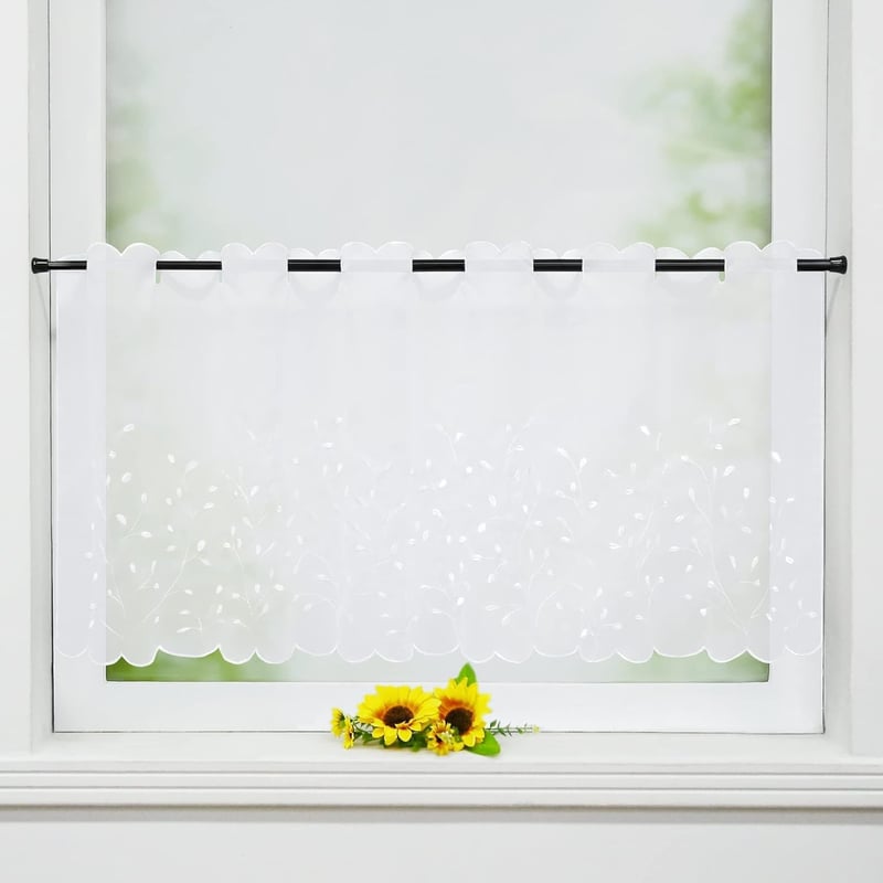 Delien Voile Vitrázs Hímzett Mintás Konyhai Függöny 90x45cm Fehér - H45 x B90 cm (1er Pack), White