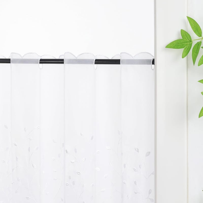Delien Voile Vitrázs Hímzett Mintás Konyhai Függöny 90x45cm Fehér - H45 x B90 cm (1er Pack), White