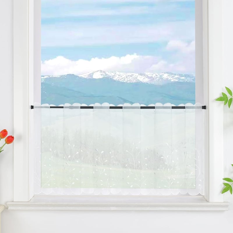 Delien Voile Vitrázs Hímzett Mintás Konyhai Függöny 90x45cm Fehér - H45 x B90 cm (1er Pack), White