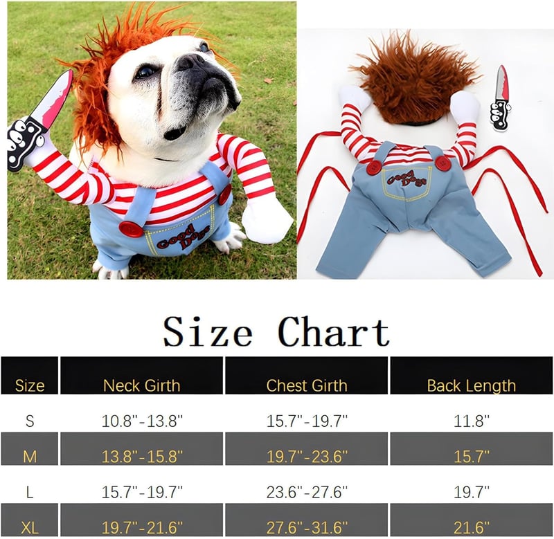 DELIFUR Chucky Jelmez Kutyáknak és Macskáknak - Vicces Halloween Kosztüm, Könnyű Parti Öltözék, L Méret, 15+ kg Háziállatoknak