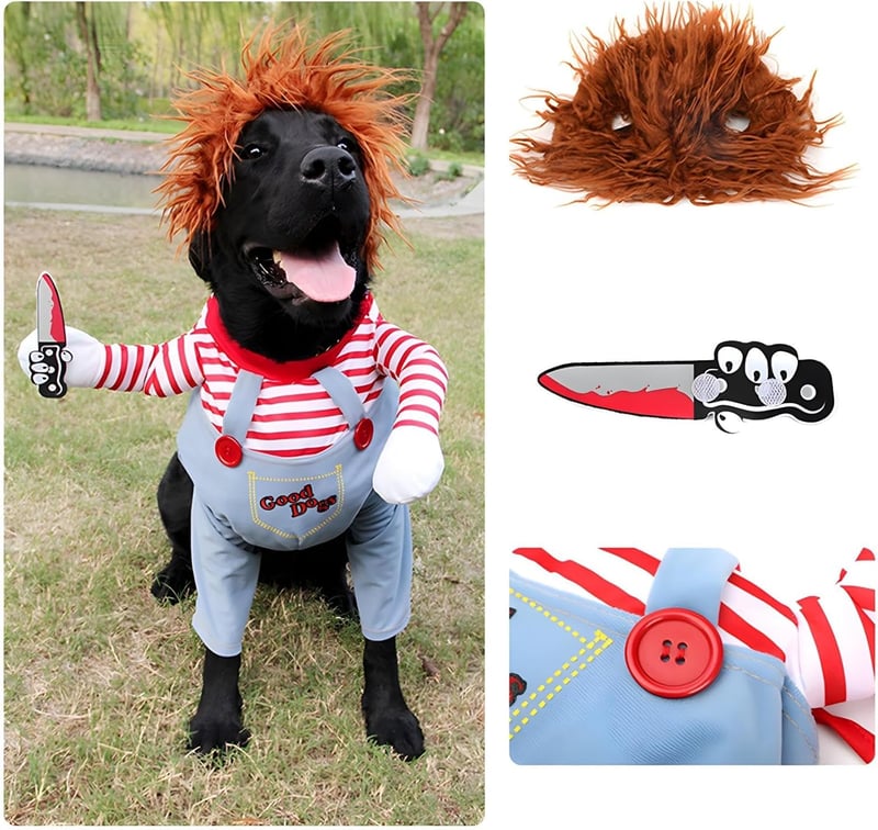 DELIFUR Chucky Jelmez Kutyáknak és Macskáknak - Vicces Halloween Kosztüm, Könnyű Parti Öltözék, L Méret, 15+ kg Háziállatoknak