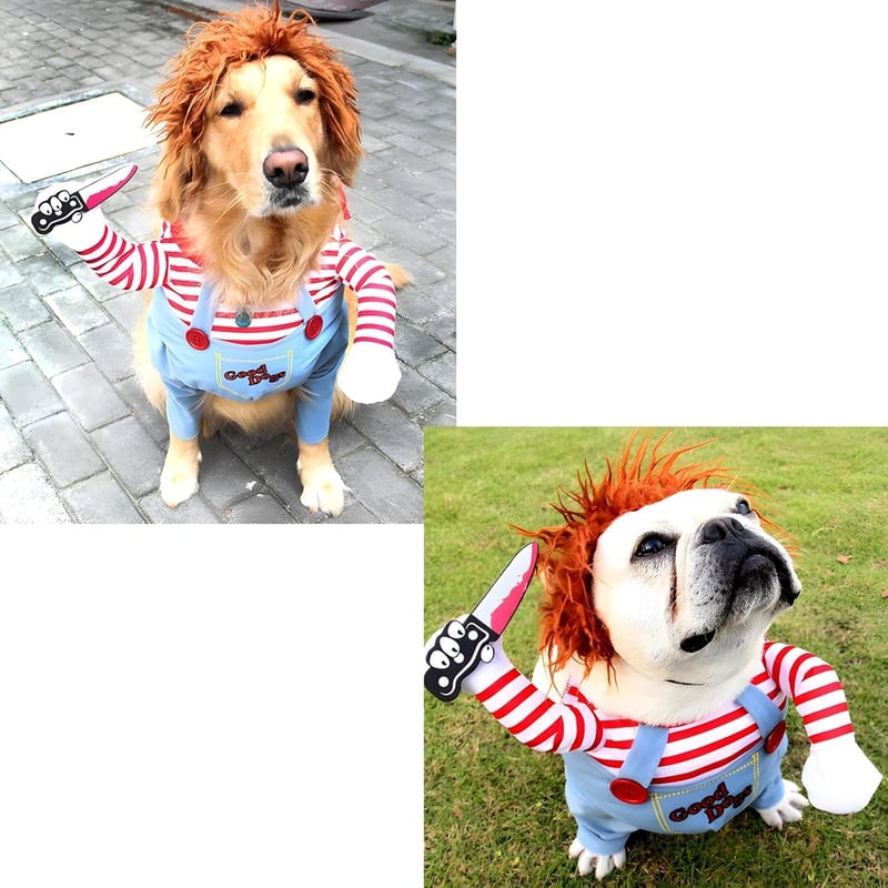 DELIFUR Chucky Jelmez Kutyáknak és Macskáknak - Vicces Halloween Kosztüm, Könnyű Parti Öltözék, L Méret, 15+ kg Háziállatoknak