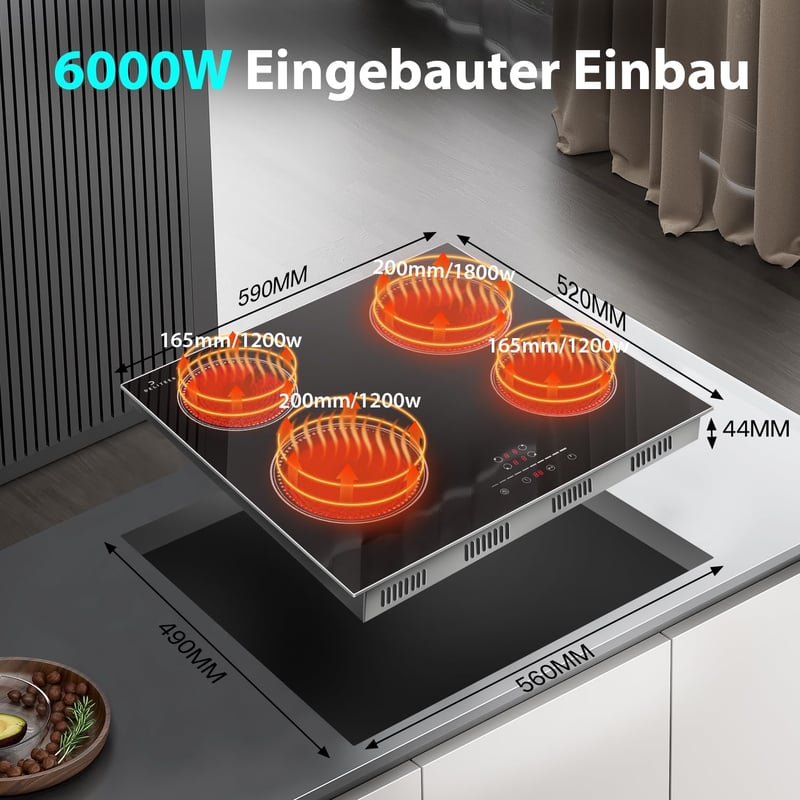 DELITEER 4 égőfejes üvegkerámia főzőlap 59 cm, 6000 W, érintésvezérlés