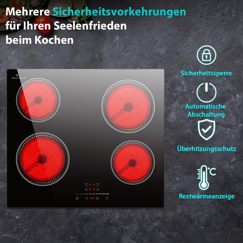 DELITEER 4 égőfejes üvegkerámia főzőlap 59 cm, 6000 W, érintésvezérlés