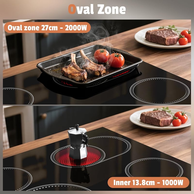 DELITEER 4 égős beépíthető kerámia főzőlap ovális zónával, érintésvezérlés, biztonsági zár, 6600W