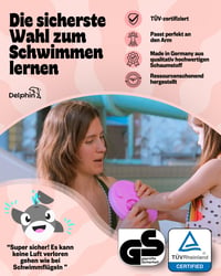 Discuri de înot Delphin, dispozitiv de flotabilitate testat TÜV pentru copii cu vârsta între 1 și 8 ani, flotabilitate sigură la perforare, sac sport și insignă de înot incluse 6
