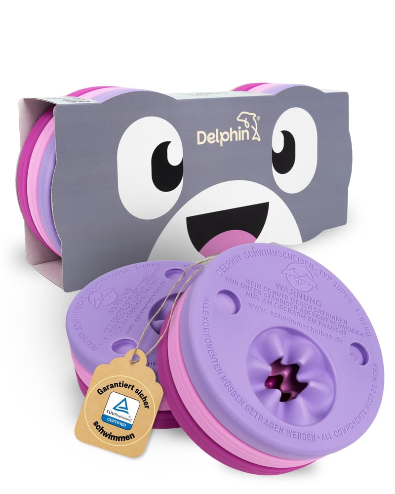 Discuri de înot Delphin, dispozitiv de flotabilitate testat TÜV pentru copii cu vârsta între 1 și 8 ani, flotabilitate sigură la perforare, sac sport și insignă de înot incluse
