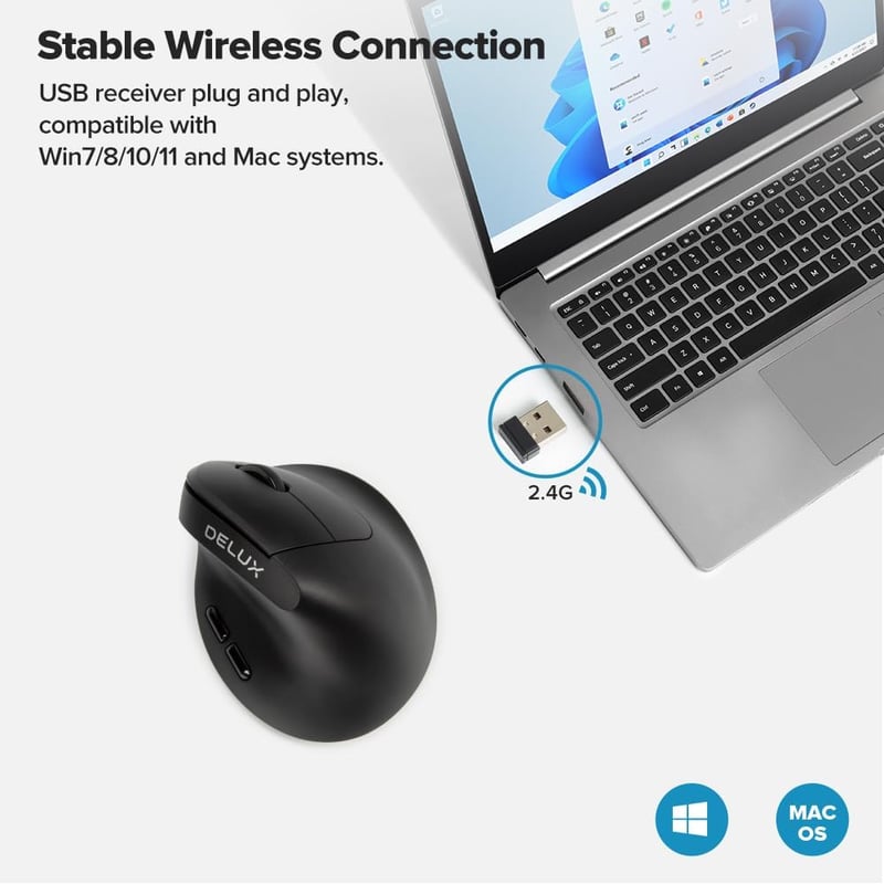 DELUX Ergonomikus Vertikális Vezeték Nélküli Egér Kicsi Kézhez, 6 Gomb, 2400 DPI