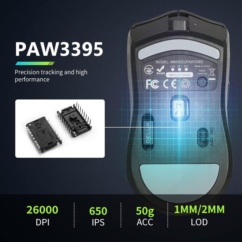DELUX M800PRO Vezeték Nélküli Gaming Egér PAW3395 Szenzor 26000DPI Tri-Mode Huano Kapcsoló 80 Óra Akkumulátor Fekete