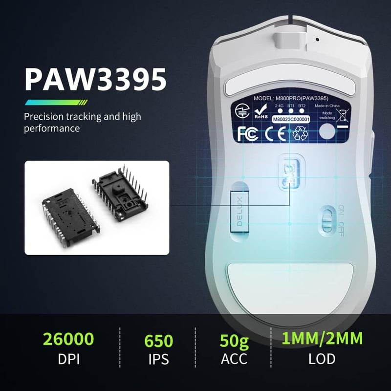 DELUX M800PRO Wireless Gaming Egér 26000DPI PAW3395 Szenzor Fehér