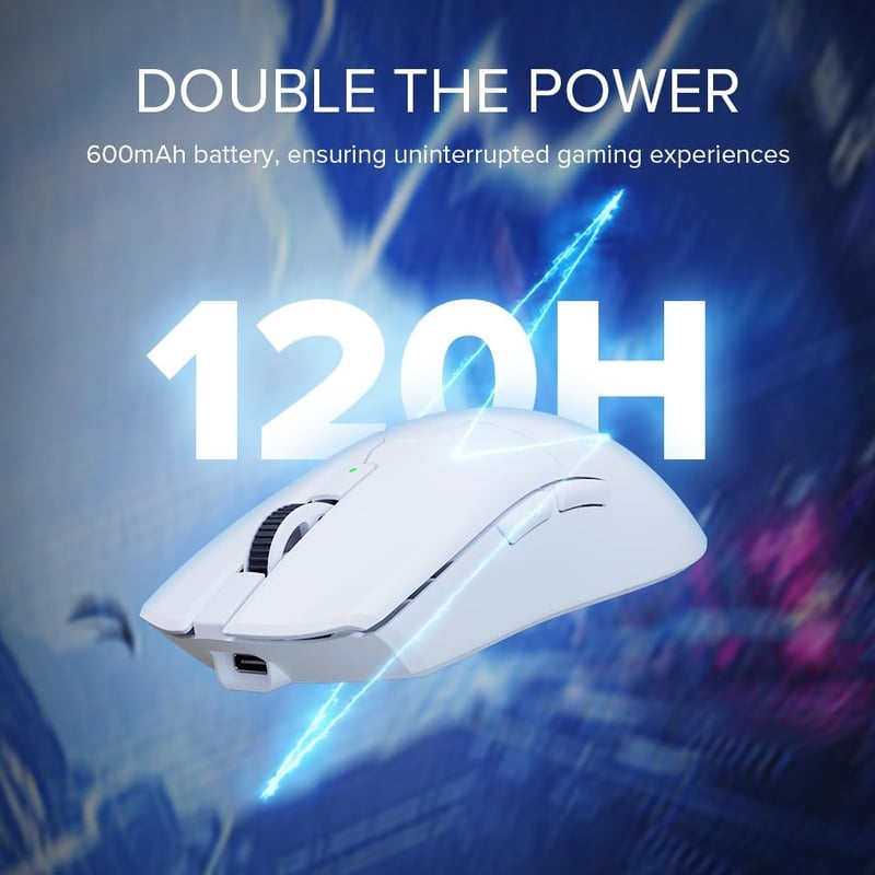 DeLUX M800Ultra Vezeték Nélküli Gaming Egér, 55g Könnyű, 26000 DPI PAW3395 Szenzor, 1000Hz, 120 Óra Akkumulátor, Tri-Mode, Fehér
