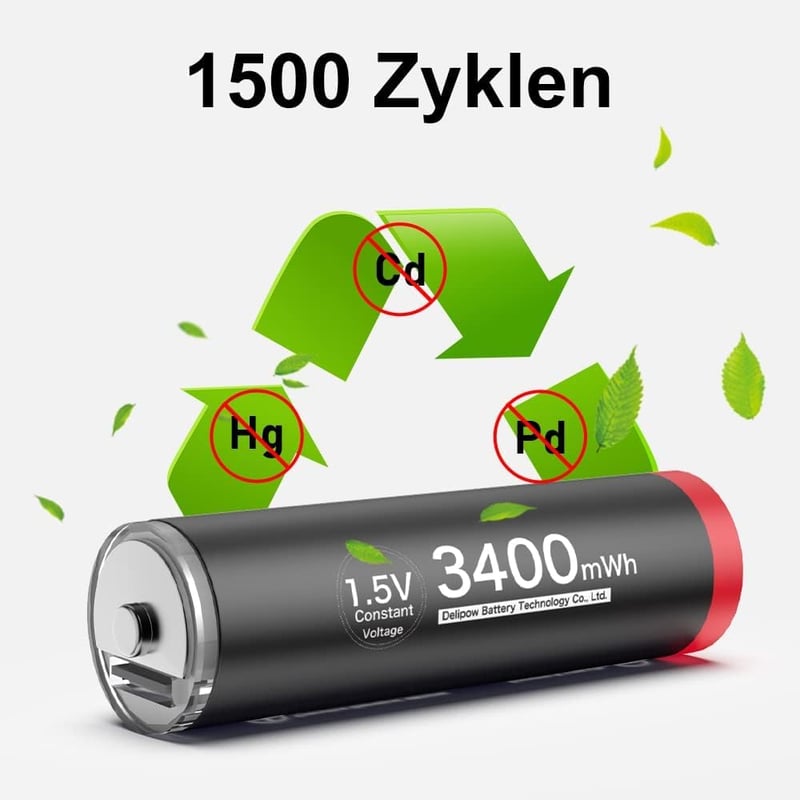 Delyeepow USB-C AA Lítium Akkumulátor 1.5V 3400mWh Gyorstöltős 4db