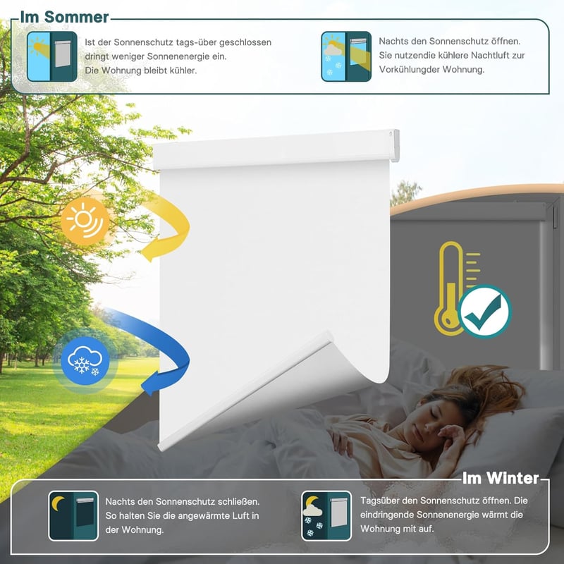 DENFOON Napelemes Redőny Távirányítóval Hőszigetelő Blackout Roller Blind Fehér 170 x 100 cm