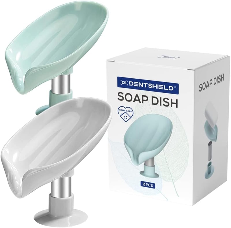 DENTSHIELD 2 db levél alakú szappantartó lefolyóval, fúrésmentes zuhany és fürdőszoba szivacstartó, zöld szürke színben