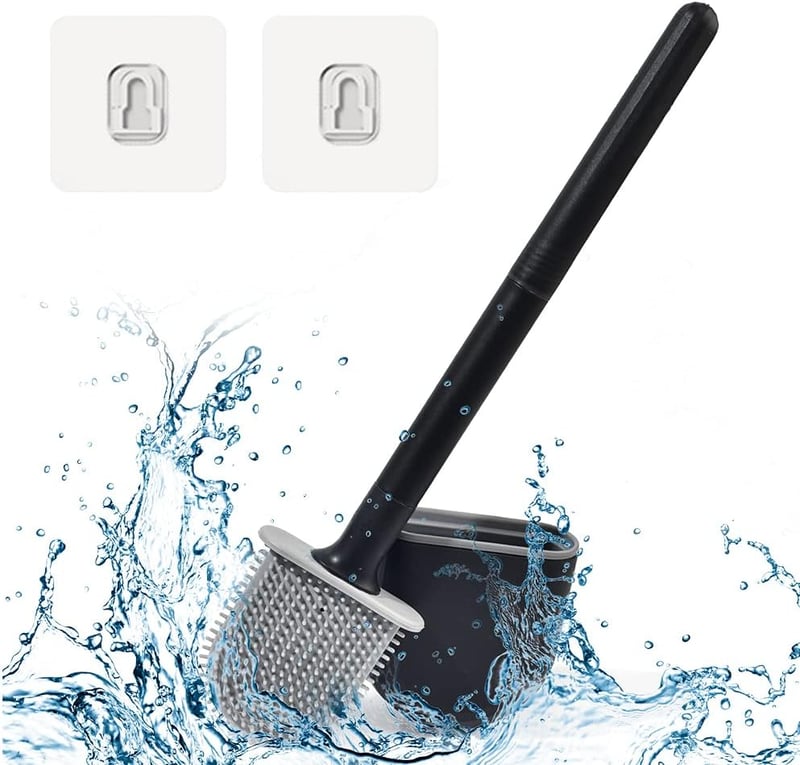 DENTSHIELD Fekete Szilikon WC Kefe Szivárgásmentes Tartóval - Gyorsan Száradó, Hordozható Fürdőszobai Kefe Hosszú Ergonomikus Fogantyúval