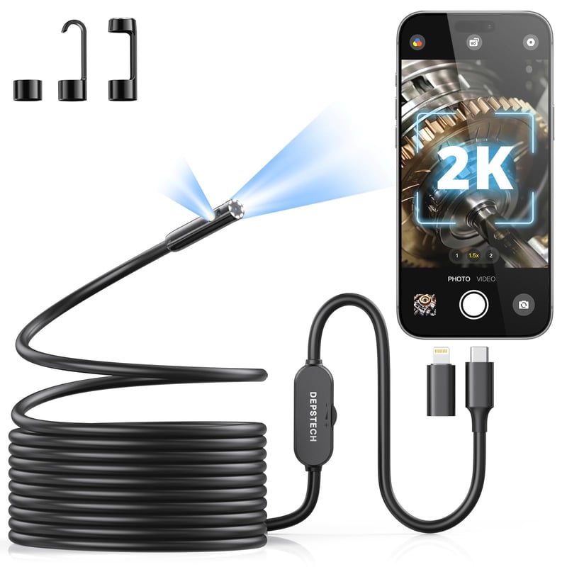 Cameră endoscop DEPSTECH 2K cu lumină, cameră de inspecție cu obiectiv dual 2560P QHD, cablu de 5M, compatibilă cu iPhone și Android, pentru HVAC, instalații sanitare și utilizare auto