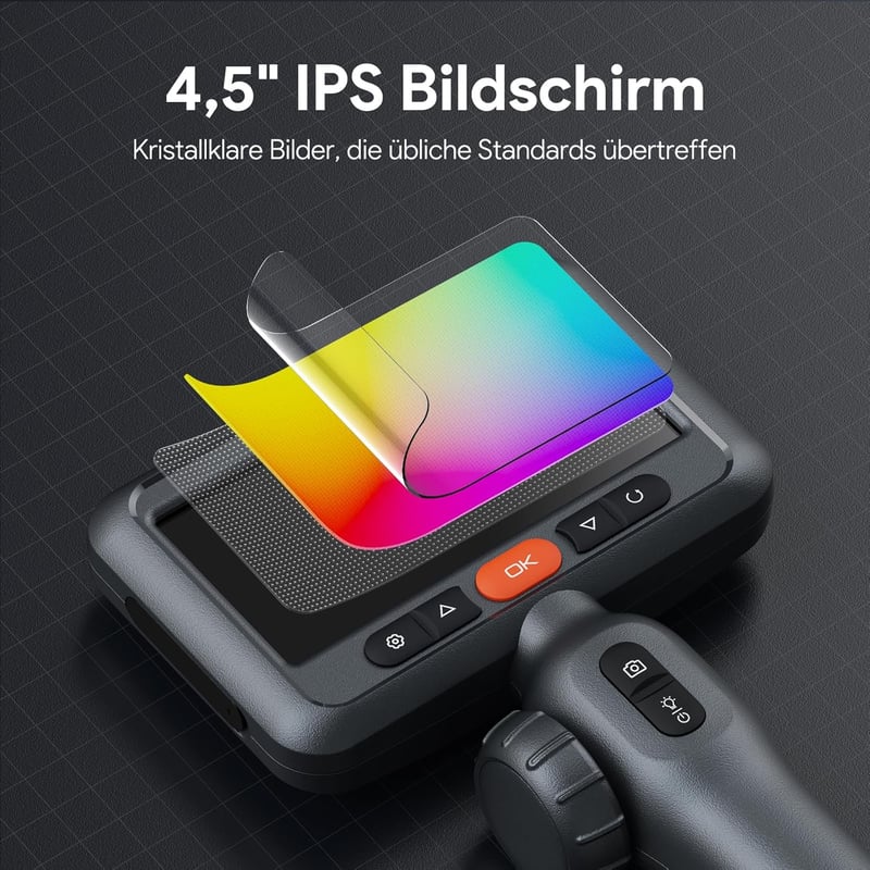DEPSTECH 6 mm Forgatható Endoszkóp Kamera 210° Mozgatható Fejjel, 1080P Felbontás, 4,5" IPS Kijelző, Vízálló Csőkamera Autószereléshez, 1,5 