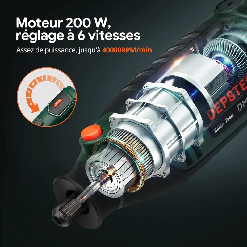 DEPSTECH DM200A Multifunkciós Rotációs Szerszámkészlet 200W - 6 Sebességfokozat, Flex Tengely, 128 Tartozék, Barkácsoláshoz, Gravírozáshoz, 